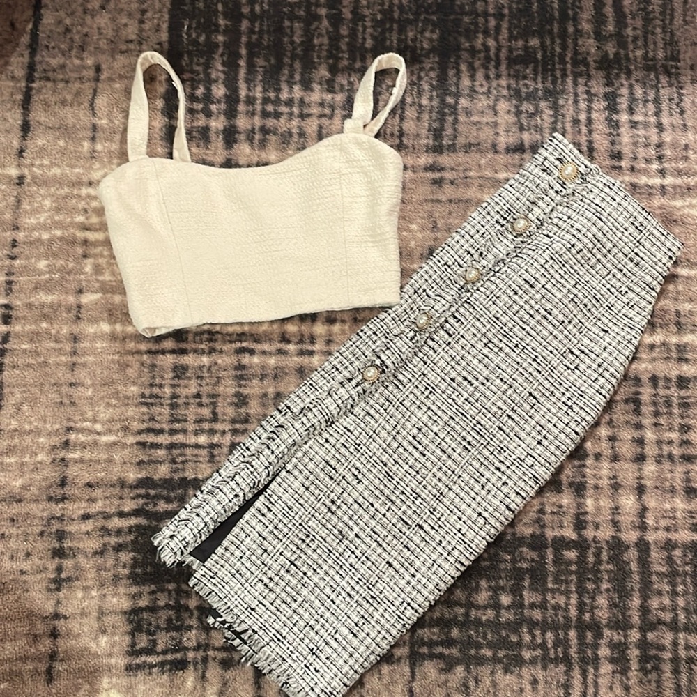 Cream Cropped Bustier Top and Black-White Tweed Pencil Skirt Set